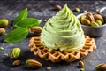 Pistachio Ice Cream Scoops with Waffles Nuts and Fresh Mint Royalty Free Stock Photo