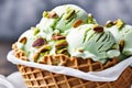 Pistachio Ice Cream Scoops with Waffles Nuts and Fresh Mint Royalty Free Stock Photo