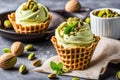 Pistachio Ice Cream Scoops with Waffles Nuts and Fresh Mint Royalty Free Stock Photo