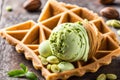 Pistachio Ice Cream Scoops with Waffles Nuts and Fresh Mint Royalty Free Stock Photo