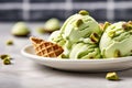 Pistachio Ice Cream Scoops with Waffles Nuts and Fresh Mint Royalty Free Stock Photo