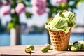 Pistachio Ice Cream Scoops with Waffles Nuts and Fresh Mint Royalty Free Stock Photo