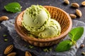 Pistachio Ice Cream Scoops with Waffles Nuts and Fresh Mint Royalty Free Stock Photo