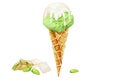 Pistachio ice cream with a white chocolate in a waffle cone, hand drawn watercolor Royalty Free Stock Photo