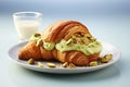 Pistachio-infused bliss: a delectable croissant infused with the richness of pistachio paste, a heavenly treat for food