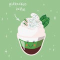 Pistachio latte coffee with whipped cream isolated on a soft green backgroun