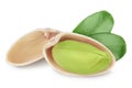 Pistachio with leaves isolated on white background with clipping path and full depth of field Royalty Free Stock Photo