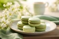 Pistachio macaroons on a plate with a branch of cherry in blossom over a kitchen background with a teacup filled with matcha green
