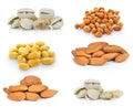 Pistachio nuts, Almonds, Peanuts on white background