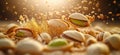 Pistachio nuts banner. Closeup falling pistachio nuts background Royalty Free Stock Photo