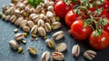 pistachio nuts, loose tomatoes, slate. Generative Ai Royalty Free Stock Photo