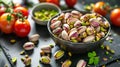 pistachio nuts, loose tomatoes, slate. Generative Ai Royalty Free Stock Photo