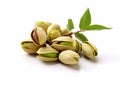 Pistachio organic nuts snack with green leaves on white background.Macro.AI Generative