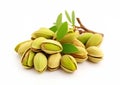 Pistachio organic nuts snack with green leaves on white background.Macro.AI Generative