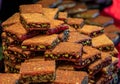 Pistachio pomegranate ballorieh baklava, Turkish dessert in Istanbul, Turkey Royalty Free Stock Photo