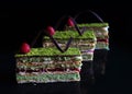 Pistachio puff pastry cake with raspberries and chocolate