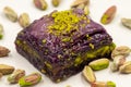 Pistachio purple baklava on a white background. Baklava specially prepared for diabetics. Traditional Mediterranean cuisine delica