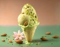 Pistachio realistic ice cream on pink background with scattered almonds,flower and pistachio shavings with copyspace.