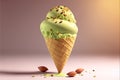 Pistachio realistic ice cream on a pink background with scattered almonds and pistachio chips.