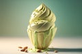 Pistachio realistic ice cream with scattered almonds and pistachio nuts with copyspace.