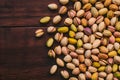 Pistachios arranged on kitchen table, nutritious and crunchy snack