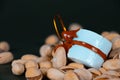 Pistachios and a Christmas toy on a beautiful background. High-quality background. Copy space