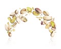 Pistachios crushed in the air on white background