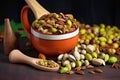 pistachios gathered in a stylish ceramic shovel on a table