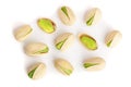 Pistachios isolated on white background, top view. Flat lay