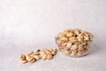 Pistachios nuts in plate on gray background, copy space Royalty Free Stock Photo