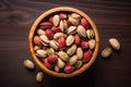 Pistachios nuts in wooden bowl on wooden background. Top view Generative AI