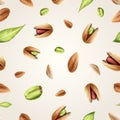 Pistachios pattern. Realistic pistachio seamless background texture, isolated 3d raw falling nuts nature organic food