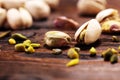 Pistachios, Roasted Pistachio Seeds In Shells And Shelled. Green
