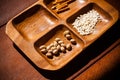 Pistachios, roasted rice and salty sticks in bowl Royalty Free Stock Photo