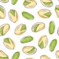 Pistachios seamless pattern in line art style. Hand drawn vector illustration of pistachio nuts in shell.
