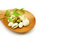 Pistachios in a wooden spoon isolated on a white background Royalty Free Stock Photo