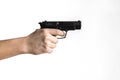 Pistol, or Auto-Loader Short gun in female& x27;s hand preparing or self loading prompt to use Royalty Free Stock Photo