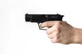 Pistol, or Auto-Loader Short gun in female& x27;s hand preparing or self loading prompt to use Royalty Free Stock Photo