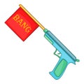 Pistol with bang flag icon, cartoon style