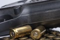 Pistol and bullets close-up isolated on white background. The concept of limiting the spread of small arms Royalty Free Stock Photo