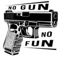 Pistol Glock gun vector illustration. 9 caliber. Pistol emblem logo. No gun no fun. Royalty Free Stock Photo