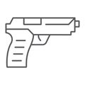 Pistol gun thin line icon, weapon and army, handgun sign, vector graphics, a linear pattern on a white background.