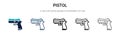Pistol icon in filled, thin line, outline and stroke style. Vector illustration of two colored and black pistol vector icons
