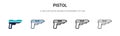 Pistol icon in filled, thin line, outline and stroke style. Vector illustration of two colored and black pistol vector icons