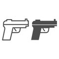 Pistol line and solid icon. Firearm or handgun, gangster gun symbol, outline style pictogram on white background Royalty Free Stock Photo