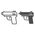 Pistol line and solid icon. Firearm or handgun weapon, gangster gun symbol, outline style pictogram on white background Royalty Free Stock Photo