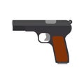 Pistol side view danger metal army graphic defense. Gun flat ammunition caliber 9mm vector icon. Handgun weapon police