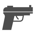 Pistol solid icon. Firearm or handgun, gangster gun symbol, glyph style pictogram on white background. Warfare or