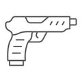 Pistol thin line icon, army and military, gun sign, vector graphics, a linear pattern on a white background.
