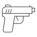 Pistol thin line icon. Firearm or handgun weapon, gangster gun symbol, outline style pictogram on white background Royalty Free Stock Photo
